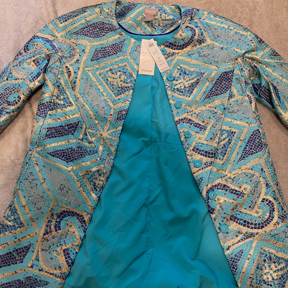 Chico's Teal and Gold Geometric Jacket